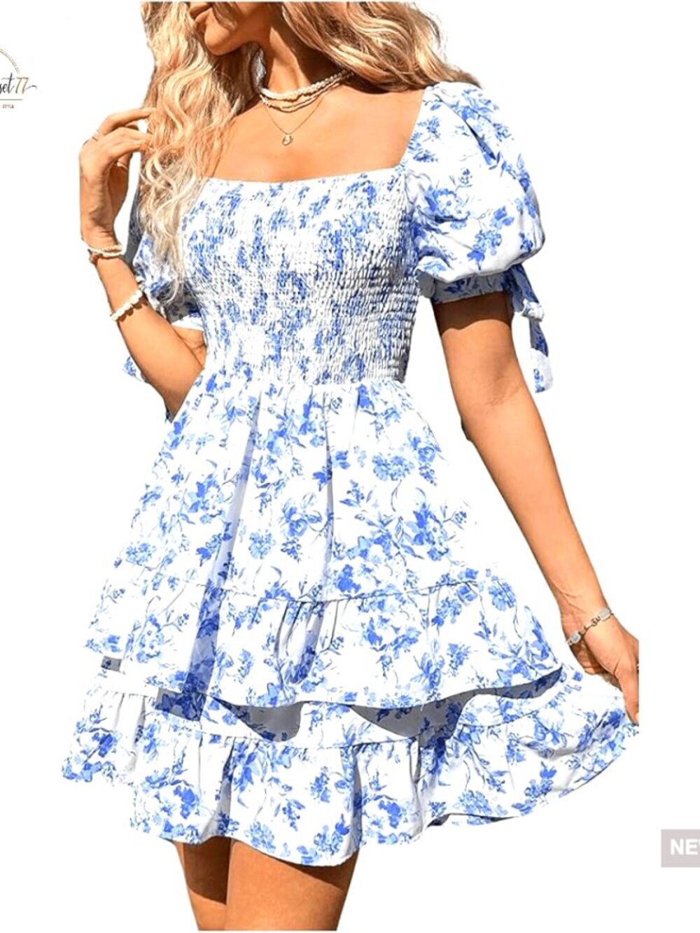 Floral Print Puff Sleeve Square Neck Tiered Mini Dress